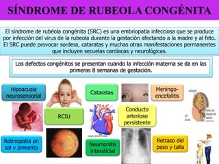 SÍNDROME DE RUBEOLA CONGÉNITA
El síndrome de rubéola congénita (SRC) es una embriopatía infecciosa que se produce
por infección del virus de la rubeola durante la gestación afectando a la madre y al feto.
El SRC puede provocar sordera, cataratas y muchas otras manifestaciones permanentes
que incluyen secuelas cardiacas y neurológicas.
Los defectos congénitos se presentan cuando la infección materna se da en las
primeras 8 semanas de gestación.
Meningo-
encefalitis
Retraso del
peso y talla
Neumonitis
intersticial
Conducto
arterioso
persistente
Cataratas
Retinopatia en
sal y pimienta
RCIU
Hipoacusia
neurosensorial
 