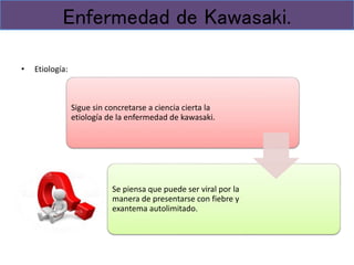 • Etiología:
Enfermedad de Kawasaki.
Sigue sin concretarse a ciencia cierta la
etiología de la enfermedad de kawasaki.
Se piensa que puede ser viral por la
manera de presentarse con fiebre y
exantema autolimitado.
 