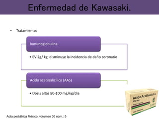 • Tratamiento:
Enfermedad de Kawasaki.
• EV 2g/ kg disminuye la incidencia de daño coronario
Inmunoglobulina.
• Dosis altas 80-100 mg/kg/dia
Acido acetilsalicílico (AAS)
Acta pediátrica México, volumen 36 núm.: 5
 