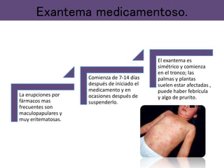 Exantema medicamentoso.
La erupciones por
fármacos mas
frecuentes son
maculopapulares y
muy eritematosas.
Comienza de 7-14 días
después de iniciado el
medicamento y en
ocasiones después de
suspenderlo.
El exantema es
simétrico y comienza
en el tronco; las
palmas y plantas
suelen estar afectadas ,
puede haber febrícula
y algo de prurito.
 