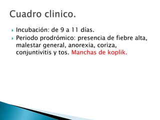 Incubación: de 9 a 11 días.Periodo prodrómico: presencia de fiebre alta, malestar general, anorexia, coriza, conjuntivitis y tos. Manchas de koplik.Cuadro clinico.