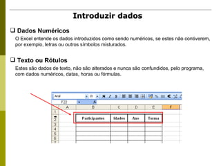 Introduzir dados   Texto ou Rótulos   Estes são dados de texto, não são alterados e nunca são confundidos, pelo programa, com dados numéricos, datas, horas ou fórmulas. Dados Numéricos   O Excel entende os dados introduzidos como sendo numéricos, se estes não contiverem, por exemplo, letras ou outros símbolos misturados.  