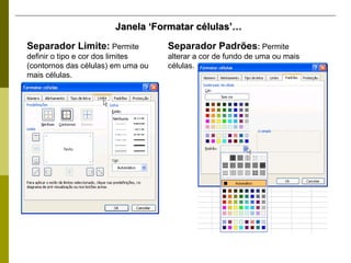 Janela ‘Formatar células’… Separador Limite:  Permite definir o tipo e cor dos limites (contornos das células) em uma ou mais células.  Separador Padrões :  Permite alterar a cor de fundo de uma ou mais células.  