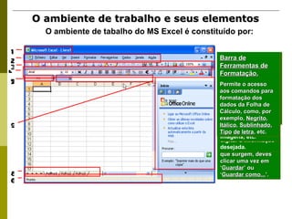 O ambiente de trabalho e seus elementos   O ambiente de tabalho do MS Excel é constituído por: Barra de Menus. Permite o acesso a todos os comandos do Excel. Cada Menu contém uma lista de comandos.  Por exemplo: para  Guardar  um Livro deves clicar no menu  Ficheiro .  Depois, nas opções que surgem, deves clicar uma vez em ‘ Guardar ’ ou ‘ Guardar como... ’. 2 Barra de título. Indica o nome do livro activo. Com a abertura do programa é sempre apresentado um novo documento com o nome de «Livro1». 1 Barra de Ferramentas-Padrão. Permite o acesso aos principais comandos, tais como  Guardar  um Livro,  Criar um novo Livro ,  Abrir um Livro existente , etc   3 Caixa de Nome. Indica o endereço ou localização da célula activa, a célula que está seleccionada na folha de trabalho.  5 Barra de fórmulas Esta barra mostra a fórmula utilizada na célula activa. Esta barra pode também ser utilizada para escrever fórmulas ou outros dados, bastando para isso clicar no espaço de escrita e digitar a informação desejada.  7 Separador de Folhas. Esta barra mostra as folhas de trabalho do Livro. Clicando com botão direito do rato, podes alterar o seu nome, copiar ou duplicar, inserir ou eliminar folhas.   8 Painel de Tarefas. Janela que aparece do lado direito da área de trabalho e que te oferece opções de trabalho, tais como: iniciar livros novos, abrir livros existentes, procurar livros, procurar e inserir imagens, etc.  9 Barra de estado. Nesta barra são mostradas mensagens ou instruções de trabalho sobre as operações que poderás executar.  6 Barra de Ferramentas de Formatação. Permite o acesso aos comandos para formatação dos dados da Folha de Cálculo, como, por exemplo,  Negrito ,  Itálico ,  Sublinhado ,  Tipo   de   letra , etc.   4 