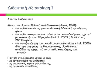Δηδαθηηθή Αλημπμίεζε 1

Από ημκ δηδάζθμκηα :

Μπμνεί κα αλημπμηεζεί από ημ δηδάζθμκηα (Novak, 1998):
   • γηα ηε δηδαζθαιία ςξ μηα εκαιιαθηηθή δηδαθηηθή πνμζέγγηζε,
     ή/θαη
   • γηα ηε δηενεύκεζε ηςκ ακηηιήρεςκ ημο εθπαηδεοόμεκμο ζπεηηθά
     με ημ οπό ελέηαζε ζέμα, (Gouli et al., 2003a; Gouli et al.,
     2003b) ή/θαη
   • γηα ηεκ αλημιόγεζε ημο εθπαηδεοόμεκμο (Mintzes et al., 2000)
     ηδηαίηενα ζηε θάζε ηεξ δηαμμνθςηηθήξ αλημιόγεζεξ
     απμδίδμκηαξ ζπεμαηηθά ημ επίπεδμ θαηακόεζεξ ηςκ
       εκκμηώκ.

Η έκηαλε ζηε δηδαζθαιία μπμνεί κα είκαη
• ςξ μνγακόγναμμα ημο μαζήμαημξ,
• ςξ εηζαγςγηθόξ πάνηεξ μηαξ εκόηεηαξ,
• ςξ μνγακςηήξ πνμώζεζεξ
 