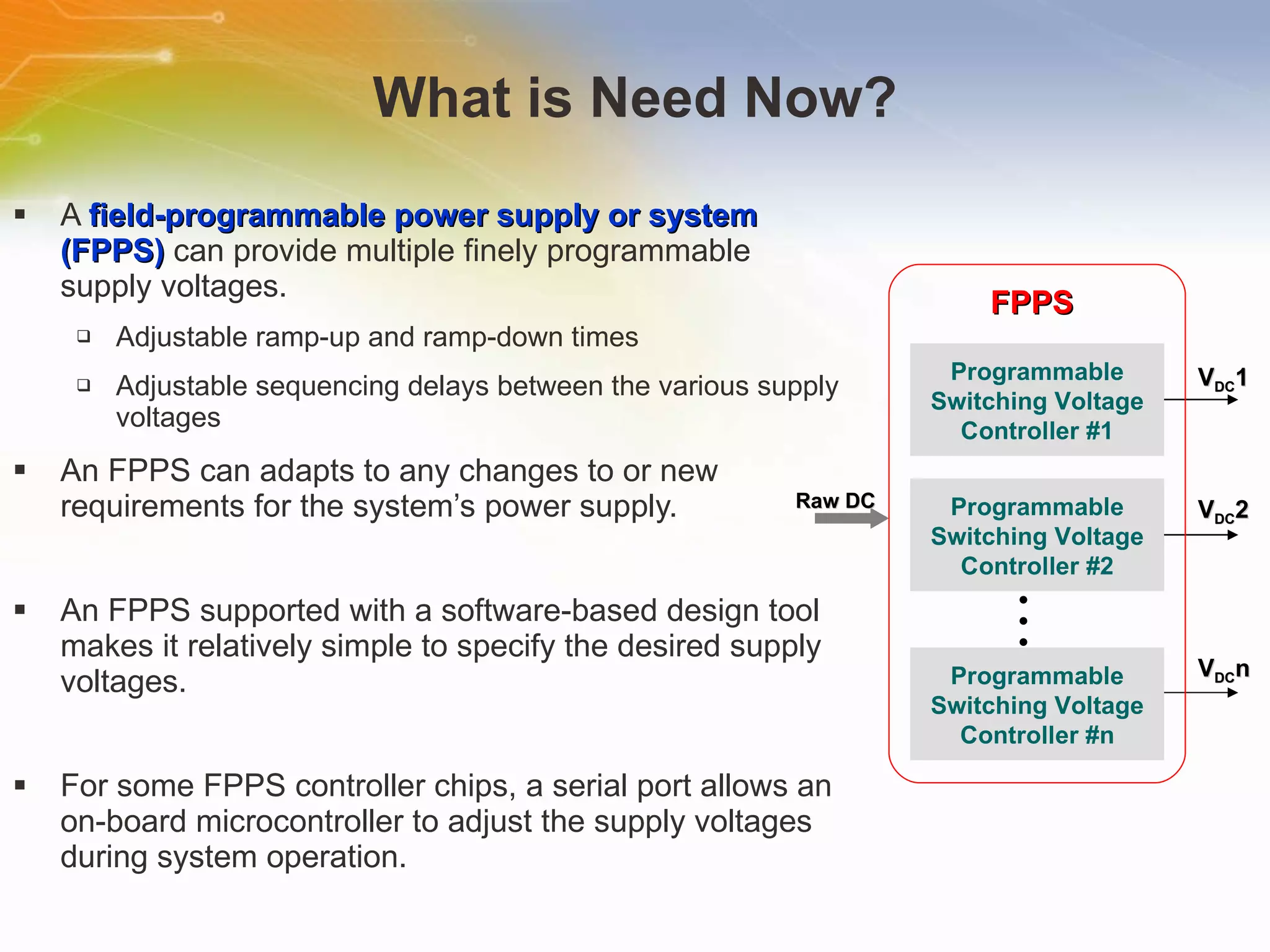 What is Need Now? A  field-programmable power supply or system (FPPS)  can provide multiple finely programmable supply voltages. Adjustable ramp-up and ramp-down times Adjustable sequencing delays between the various supply voltages An FPPS can adapts to any changes to or new requirements for the system’s power supply. An FPPS supported with a software-based design tool makes it relatively simple to specify the desired supply voltages. For some FPPS controller chips, a serial port allows an on-board microcontroller to adjust the supply voltages during system operation. Programmable Switching Voltage Controller #1 Programmable Switching Voltage Controller #2 Programmable Switching Voltage Controller #n FPPS V DC 1 V DC 2 V DC n Raw DC 