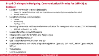 HPCAC-Stanford	(Feb	‘16)	 12	Network	Based	CompuNng	Laboratory	
•  Scalability	for	million	to	billion	processors	
–  Support	for	highly-eﬃcient	inter-node	and	intra-node	communicaRon	(both	two-sided	and	one-sided)	
–  Scalable	job	start-up	
•  Scalable	CollecRve	communicaRon	
–  Oﬄoad	
–  Non-blocking	
–  Topology-aware	
•  Balancing	intra-node	and	inter-node	communicaRon	for	next	generaRon	nodes	(128-1024	cores)	
–  MulRple	end-points	per	node	
•  Support	for	eﬃcient	mulR-threading	
•  Integrated	Support	for	GPGPUs	and	Accelerators	
•  Fault-tolerance/resiliency	
•  QoS	support	for	communicaRon	and	I/O	
•  Support	for	Hybrid	MPI+PGAS	programming	(MPI	+	OpenMP,	MPI	+	UPC,	MPI	+	OpenSHMEM,	
CAF,	…)	
•  VirtualizaRon		
•  Energy-Awareness	
	
Broad	Challenges	in	Designing		CommunicaNon	Libraries	for	(MPI+X)	at	
Exascale	
 