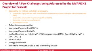 HPCAC-Stanford	(Feb	‘16)	 16	Network	Based	CompuNng	Laboratory	
•  Scalability	for	million	to	billion	processors	
–  Support	for	highly-eﬃcient	inter-node	and	intra-node	communicaRon	(both	two-sided	and	one-sided	
RMA)	
–  Support	for	advanced	IB	mechanisms	(UMR	and	ODP)	
–  Extremely	minimal	memory	footprint	
–  Scalable	job	start-up	
•  CollecRve	communicaRon	
•  Integrated	Support	for	GPGPUs	
•  Integrated	Support	for	MICs	
•  Uniﬁed	RunRme	for	Hybrid	MPI+PGAS	programming	(MPI	+	OpenSHMEM,	MPI	+	
UPC,	CAF,	…)		
•  VirtualizaRon	
•  Energy-Awareness		
•  InﬁniBand	Network	Analysis	and	Monitoring	(INAM)	
Overview	of	A	Few	Challenges	being	Addressed	by	the	MVAPICH2	
Project	for	Exascale	
 