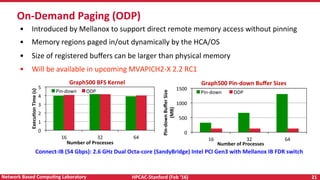 HPCAC-Stanford	(Feb	‘16)	 21	Network	Based	CompuNng	Laboratory	
•  Introduced	by	Mellanox	to	support	direct	remote	memory	access	without	pinning	
•  Memory	regions	paged	in/out	dynamically	by	the	HCA/OS	
•  Size	of	registered	buﬀers	can	be	larger	than	physical	memory		
•  Will	be	available	in	upcoming	MVAPICH2-X	2.2	RC1	
On-Demand	Paging	(ODP)	
Connect-IB	(54	Gbps):	2.6	GHz	Dual	Octa-core	(SandyBridge)	Intel	PCI	Gen3	with	Mellanox	IB	FDR	switch	
0	
500	
1000	
1500	
16	 32	 64	
Pin-down	Buﬀer	Size	
(MB)	
Number	of	Processes	
Graph500	Pin-down	Buﬀer	Sizes	
Pin-down	 ODP	
0	
1	
2	
3	
4	
5	
16	 32	 64	
ExecuNon	Time	(s)	
Number	of	Processes	
Graph500	BFS	Kernel	
Pin-down	 ODP	
 