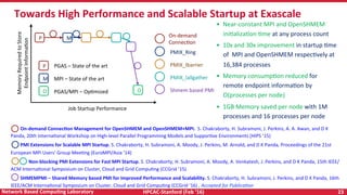 HPCAC-Stanford	(Feb	‘16)	 23	Network	Based	CompuNng	Laboratory	
•  Near-constant	MPI	and	OpenSHMEM	
iniRalizaRon	Rme	at	any	process	count	
•  10x	and	30x	improvement	in	startup	Rme	
of		MPI	and	OpenSHMEM	respecRvely	at	
16,384	processes	
•  Memory	consumpRon	reduced	for	
remote	endpoint	informaRon	by	
O(processes	per	node)	
•  1GB	Memory	saved	per	node	with	1M	
processes	and	16	processes	per	node	
Towards	High	Performance	and	Scalable	Startup	at	Exascale	
P M
O
Job	Startup	Performance	
Memory	Required	to	Store	
Endpoint	InformaRon	
P
M
PGAS	–	State	of	the	art	
MPI	–	State	of	the	art	
O PGAS/MPI	–	OpRmized	
PMIX_Ring	
PMIX_Ibarrier	
PMIX_Iallgather	
Shmem	based	PMI	
On-demand		
ConnecRon	
								On-demand	ConnecNon	Management	for	OpenSHMEM	and	OpenSHMEM+MPI.		S.	Chakraborty,	H.	Subramoni,	J.	Perkins,	A.	A.	Awan,	and	D	K	
Panda,	20th	InternaRonal	Workshop	on	High-level	Parallel	Programming	Models	and	SupporRve	Environments	(HIPS	’15)	
								PMI	Extensions	for	Scalable	MPI	Startup.	S.	Chakraborty,	H.	Subramoni,	A.	Moody,	J.	Perkins,	M.	Arnold,	and	D	K	Panda,	Proceedings	of	the	21st	
European	MPI	Users'	Group	MeeRng	(EuroMPI/Asia	’14)	
															Non-blocking	PMI	Extensions	for	Fast	MPI	Startup.	S.	Chakraborty,	H.	Subramoni,	A.	Moody,	A.	Venkatesh,	J.	Perkins,	and	D	K	Panda,	15th	IEEE/
ACM	InternaRonal	Symposium	on	Cluster,	Cloud	and	Grid	CompuRng	(CCGrid	’15)	
								SHMEMPMI	–	Shared	Memory	based	PMI	for	Improved	Performance	and	Scalability.	S.	Chakraborty,	H.	Subramoni,	J.	Perkins,	and	D	K	Panda,	16th	
IEEE/ACM	InternaRonal	Symposium	on	Cluster,	Cloud	and	Grid	CompuRng	(CCGrid	’16)	,	Accepted	for	Publica6on	
 