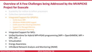 HPCAC-Stanford	(Feb	‘16)	 28	Network	Based	CompuNng	Laboratory	
•  Scalability	for	million	to	billion	processors	
•  CollecRve	communicaRon	
•  Integrated	Support	for	GPGPUs	
–  CUDA-Aware	MPI	
–  GPUDirect	RDMA	(GDR)	Support	
–  CUDA-aware	Non-blocking	CollecRves	
–  Support	for	Managed	Memory	
–  Eﬃcient	datatype	Processing	
•  Integrated	Support	for	MICs	
•  Uniﬁed	RunRme	for	Hybrid	MPI+PGAS	programming	(MPI	+	OpenSHMEM,	MPI	+	
UPC,	CAF,	…)	
•  VirtualizaRon	
•  Energy-Awareness		
•  InﬁniBand	Network	Analysis	and	Monitoring	(INAM)	
Overview	of	A	Few	Challenges	being	Addressed	by	the	MVAPICH2	
Project	for	Exascale	
 
