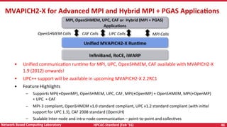 HPCAC-Stanford	(Feb	‘16)	 46	Network	Based	CompuNng	Laboratory	
MVAPICH2-X	for	Advanced	MPI	and	Hybrid	MPI	+	PGAS	ApplicaNons	
MPI,	OpenSHMEM,	UPC,	CAF	or		Hybrid	(MPI	+	PGAS)	
ApplicaNons	
Uniﬁed	MVAPICH2-X	RunNme	
InﬁniBand,	RoCE,	iWARP	
OpenSHMEM	Calls	 MPI	Calls	UPC	Calls	
•  Uniﬁed	communicaRon	runRme	for	MPI,	UPC,	OpenSHMEM,	CAF	available	with	MVAPICH2-X	
1.9	(2012)	onwards!		
•  UPC++	support	will	be	available	in	upcoming	MVAPICH2-X	2.2RC1	
•  Feature	Highlights	
–  Supports	MPI(+OpenMP),	OpenSHMEM,	UPC,	CAF,	MPI(+OpenMP)	+	OpenSHMEM,	MPI(+OpenMP)	
+	UPC		+	CAF	
–  MPI-3	compliant,	OpenSHMEM	v1.0	standard	compliant,	UPC	v1.2	standard	compliant	(with	iniRal	
support	for	UPC	1.3),	CAF	2008	standard	(OpenUH)	
–  Scalable	Inter-node	and	intra-node	communicaRon	–	point-to-point	and	collecRves	
CAF	Calls	
 