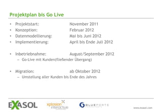 Projektplan bis Go Live
•   Projektstart:                November 2011
•   Konzeption:                  Februar 2012
•   Datenmodellierung:           Mai bis Juni 2012
•   Implementierung:             April bis Ende Juli 2012

• Inbetriebnahme:                August/September 2012
    – Go-Live mit Kunden(fließender Übergang)


• Migration:                     ab Oktober 2012
    – Umstellung aller Kunden bis Ende des Jahres




                                                            www.exasol.com
 