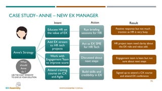 WWW.EXASSEMBLY.COM.AU
CASE STUDY– ANNE – NEW EX MANAGER
Anne’s Strategy
Educate HR on
the value of EX
Run briefing
sessions for HR
Add EX stream
to HR tech
projects
Act as EX SME
for HR Tech
Work with
Engagement Team
to improve score
Discussed about
next steps
Attend training
course on CX
and Agile
Build skills and
credibility in EX
Engagement team is keen but not
sure about next steps
HR project team need clarity about
the EX role and value add.
Positive response but not much
traction as HR is very busy.
Signed up to attend a CX course
and attend EX conference
16
Intent Action Result
What
should
Anne
do ?
USE THE CHAT WINDOW
TO GIVE US YOUR SOLUTION
 