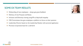 WWW.EXASSEMBLY.COM.AU
SOME EX TEAM RESULTS
 Onboarding of new employees – always get great feedback
 Delivery of new Purpose andValues
 Inclusion and Diversity training usingVR to help build empathy
 CSR Committees that give employees a platform to focus on their passions
 Leadership Charter based on the Leadership Shadow with practical application
 Provision of parental leave for a still birth
19
 