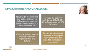 WWW.EXASSEMBLY.COM.AU
OPPORTUNITIES AND CHALLENGES
20
Focusing on the moments
that matter and how we
help managers be more
human – one person at a
time if we need to
Leverage the positivity
built during COVID-19 –
lift in Engagement by 17%
favourable
Continue to build a more
inclusive culture so
employees feel they
belong
Partner with Consumer
to deliver to employees'
experiences that are
aligned to our customer
experience
 