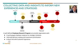 WWW.EXASSEMBLY.COM.AU
33
COLLECTING DATA AND INSIGHTS TO INFORM NEW
EXPERIENCES AND STRATEGIES
A well defined Employee Research Program can provide organisation with:
● A quick gauge employee response on strategic initiatives
● Informed decision-making and investment prioritisation
● A direct link with Customer Experience
 