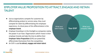 WWW.EXASSEMBLY.COM.AU
34
EMPLOYERVALUE PROPOSITIONTO ATTRACT, ENGAGE AND RETAIN
TALENT
● Just as organisations compete for customers by
differentiating product or service value, they must
compete for talent by differentiating the employee
experience. A critical piece of this differentiation is the
employer brand.
● Employer branding is in the limelight as companies realise
the power it can have. Organisations which invest in their
employer brands and take the time to define their
Employer Value Proposition (EVP) can powerfully
differentiate themselves from the competition.
● An EVP is used to attract, engage and retain talent
 
