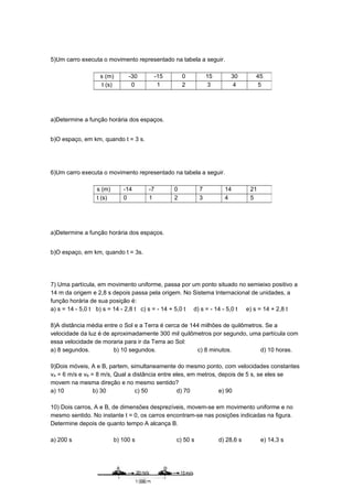 5)Um carro executa o movimento representado na tabela a seguir.
a)Determine a função horária dos espaços.
b)O espaço, em km, quando t = 3 s.
6)Um carro executa o movimento representado na tabela a seguir.
a)Determine a função horária dos espaços.
b)O espaço, em km, quando t = 3s.
7) Uma partícula, em movimento uniforme, passa por um ponto situado no semieixo positivo a
14 m da origem e 2,8 s depois passa pela origem. No Sistema Internacional de unidades, a
função horária de sua posição é:
a) s = 14 - 5,0 t b) s = 14 - 2,8 t c) s = - 14 + 5,0 t d) s = - 14 - 5,0 t e) s = 14 + 2,8 t
8)A distância média entre o Sol e a Terra é cerca de 144 milhões de quilômetros. Se a
velocidade da luz é de aproximadamente 300 mil quilômetros por segundo, uma partícula com
essa velocidade de moraria para ir da Terra ao Sol:
a) 8 segundos. b) 10 segundos. c) 8 minutos. d) 10 horas.
9)Dois móveis, A e B, partem, simultaneamente do mesmo ponto, com velocidades constantes
vA = 6 m/s e vB = 8 m/s, Qual a distância entre eles, em metros, depois de 5 s, se eles se
movem na mesma direção e no mesmo sentido?
a) 10 b) 30 c) 50 d) 70 e) 90
10) Dois carros, A e B, de dimensões desprezíveis, movem-se em movimento uniforme e no
mesmo sentido. No instante t = 0, os carros encontram-se nas posições indicadas na figura.
Determine depois de quanto tempo A alcança B.
a) 200 s b) 100 s c) 50 s d) 28,6 s e) 14,3 s
s (m) -30 -15 0 15 30 45
t (s) 0 1 2 3 4 5
s (m) -14 -7 0 7 14 21
t (s) 0 1 2 3 4 5
 
