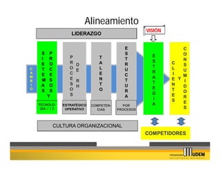 Alineamiento
                                                      VISIÓN
                     LIDERAZGO

                                              E                    C
     S    P                                   S                    O
                    P             T                     E
     I    R                                   T                    N
                    R             A                     S      C
     S    O             D                     R                    S
C                   O             L                     T      L
     T    C             E                     U                    U
A                   C             E                     R      I
     E    E                                   C                    M
M
                    E             N                     A      E Y I
B    M    S             R                     T
I                   S             T                     T      N
     A    O             H                     U                    D
O                   O             O                     E      T
     S    S                                   R                    O
                    S                                   G      E
         Y                                    A                    R
                                                        I      S
                                                        A          E
    TECNOLO-     ESTRATÉGICO   COMPETEN-     POR
     GÍA / I T    OPERATIVO      CIAS      PROCESOS
                                                                   S



            CULTURA ORGANIZACIONAL
                                                      COMPETIDORES
 