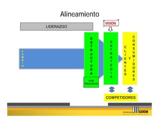 Alineamiento
                            VISIÓN
    LIDERAZGO

                                         C
                    E
                              E          O
                    S
                              S          N
                    T                C
                              T          S
C                   R                L
                              R          U
A                   U                I
M                             A          M
                    C                E Y I
B
I                   T         T      N
                              E          D
O                   U                T
                              G          O
                    R                E
                              I          R
                    A                S
                              A          E
                   POR                   S
                 PROCESOS




                            COMPETIDORES
 