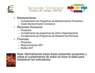 Otras Áreas (Indicadores)
• Mantenimiento
   – Cumplimiento de Programas de Mantenimiento Preventivo.
   – Costo Mantenimiento Correctivo
• Recursos Humanos
   – Proyectos
   – Cumplimiento de programas de Clima Organizacional
   – Cumplimiento de Programas de Rotación de Personal
• Finanzas
   – Proyectos
   – Requerimientos SAT
   – Multas SAT

• Nota: Normalmente estas áreas presentan proyectos y
  sobre el cumplimiento de estos se hace la tabla para
  establecer los indicadores.
 