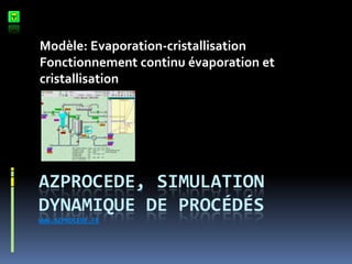 Modèle: Evaporation-cristallisation
Fonctionnement continu évaporation et
cristallisation

AZPROCEDE, SIMULATION
DYNAMIQUE DE PROCÉDÉS
WWW.AZPROCEDE.FR

 