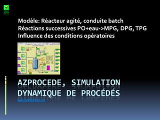 Azprocede, simulation dynamique de procédéswww.azprocede.fr Modèle: Réacteur agité, conduite batch Réactions successives PO+eau-&gt;MPG, DPG, TPG Influence des conditions opératoires 