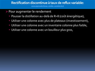 Rectification discontinue à taux de reflux variable:
www.azprocede.fr/exaz_rectdisc_conduite.html

 Pour augmenter le rendement
• Pousser la distillation au-delà de R=8 (coût énergétique),
• Utiliser une colonne avec plus de plateaux (investissement),
• Utiliser une colonne avec un inventaire colonne plus faible,
• Utiliser une colonne avec un bouilleur plus gros,

 