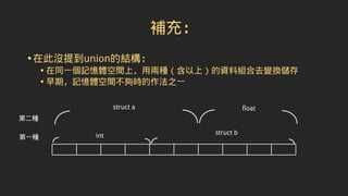 補充：
•在此沒提到union的結構：
• 在同一個記憶體空間上，用兩種（含以上）的資料組合去變換儲存
• 早期，記憶體空間不夠時的作法之一
int
floatstruct a
struct b
第一種
第二種
 