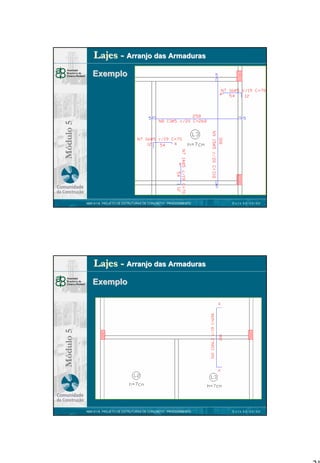 Lajes - Arranjo das Armaduras

Módulo 5

Exemplo

NBR 6118 PROJETO DE ESTRUTURAS DE CONCRETO : PROCEDIMENTO

DATA 00/00/00

Lajes - Arranjo das Armaduras

Módulo 5

Exemplo

NBR 6118 PROJETO DE ESTRUTURAS DE CONCRETO : PROCEDIMENTO

DATA 00/00/00

21

 
