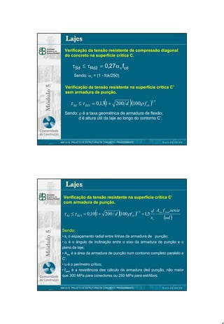 Lajes
Verificação da tensão resistente de compressão diagonal
do concreto na superfície crítica C.

τSd ≤ τRd2 = 0,27α ν fcd

Módulo 5

Sendo: αν = (1 - fck/250)
Verificação da tensão resistente na superfície crítica C’
sem armadura de punção.

(

)

τ Sd ≤ τ Rd 1 = 0,13 1 + 200 d (100ρ f ck )1 3
Sendo: ρ é a taxa geométrica de armadura de flexão;
d é altura útil da laje ao longo do contorno C’.

NBR 6118 PROJETO DE ESTRUTURAS DE CONCRETO : PROCEDIMENTO

DATA 00/00/00

Lajes
Verificação da tensão resistente na superfície crítica C’
com armadura de punção.

(

)

Módulo 5

τ Sd ≤ τ Rd 3 = 0,10 1 + 200 / d (100 ρf ck )1/ 3 + 1,5

d Asw f ywd senα
(ud )
sr

Sendo:
• sr o espaçamento radial entre linhas da armadura de punção;
• α é o ângulo de inclinação entre o eixo da armadura de punção e o
plano da laje;
• Asw é a área da armadura de punção num contorno completo paralelo a
C’;
• u é o perímetro crítico;
• fywd é a resistêncoa dee cálculo da armadura ded punção, não maior
que 300 MPa para conectores ou 250 MPa para estrtibos.
NBR 6118 PROJETO DE ESTRUTURAS DE CONCRETO : PROCEDIMENTO

DATA 00/00/00

6

 