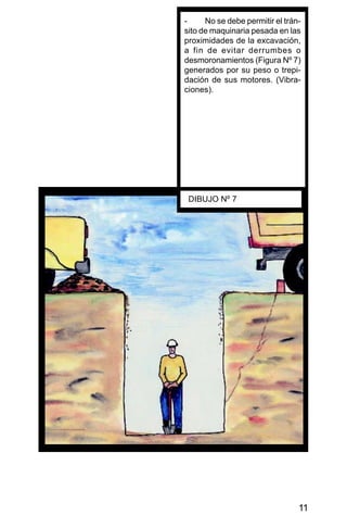 11
- No se debe permitir el trán-
sito de maquinaria pesada en las
proximidades de la excavación,
a fin de evitar derrumbes o
desmoronamientos (Figura Nº 7)
generados por su peso o trepi-
dación de sus motores. (Vibra-
ciones).
DIBUJO Nº 7
 