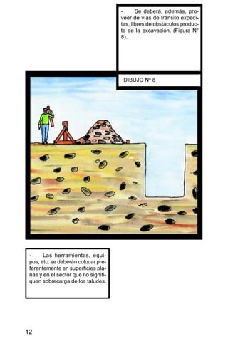12
- Las herramientas, equi-
pos, etc. se deberán colocar pre-
ferentemente en superficies pla-
nas y en el sector que no signifi-
quen sobrecarga de los taludes.
- Se deberá, además, pro-
veer de vías de tránsito expedi-
tas, libres de obstáculos produc-
to de la excavación. (Figura N°
8).
DIBUJO Nº 8
 