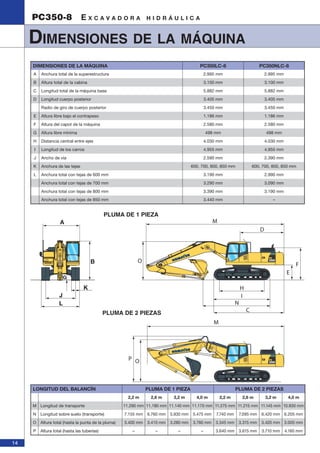 14 
PC350-8 E X C A V A D O R A H I D R Á U L I C A 
DIMENSIONES DE LA MÁQUINA 
DIMENSIONES DE LA MÁQUINA PC350LC-8 PC350NLC-8 
A Anchura total de la superestructura 2.995 mm 2.995 mm 
B Altura total de la cabina 3.100 mm 3.100 mm 
C Longitud total de la máquina base 5.882 mm 5.882 mm 
D Longitud cuerpo posterior 3.405 mm 3.405 mm 
Radio de giro de cuerpo posterior 3.450 mm 3.450 mm 
E Altura libre bajo el contrapeso 1.186 mm 1.186 mm 
F Altura del capot de la máquina 2.580 mm 2.580 mm 
G Altura libre mínima 498 mm 498 mm 
H Distancia central entre ejes 4.030 mm 4.030 mm 
I Longitud de los carros 4.955 mm 4.955 mm 
J Ancho de vía 2.590 mm 2.390 mm 
K Anchura de las tejas 600, 700, 800, 850 mm 600, 700, 800, 850 mm 
L Anchura total con tejas de 600 mm 3.190 mm 2.990 mm 
Anchura total con tejas de 700 mm 3.290 mm 3.090 mm 
Anchura total con tejas de 800 mm 3.390 mm 3.190 mm 
Anchura total con tejas de 850 mm 3.440 mm – 
A 
B 
J 
L 
K 
G 
PLUMA DE 1 PIEZA 
PLUMA DE 2 PIEZAS 
LONGITUD DEL BALANCÍN PLUMA DE 1 PIEZA PLUMA DE 2 PIEZAS 
2,2 m 2,6 m 3,2 m 4,0 m 2,2 m 2,6 m 3,2 m 4,0 m 
M Longitud de transporte 11.290 mm 11.180 mm 11.140 mm 11.170 mm 11.275 mm 11.215 mm 11.145 mm 10.930 mm 
N Longitud sobre suelo (transporte) 7.155 mm 6.760 mm 5.930 mm 5.475 mm 7.740 mm 7.095 mm 6.420 mm 6.205 mm 
O Altura total (hasta la punta de la pluma) 3.400 mm 3.410 mm 3.280 mm 3.760 mm 3.345 mm 3.315 mm 3.420 mm 3.005 mm 
P Altura total (hasta las tuberías) – – – – 3.640 mm 3.615 mm 3.710 mm 4.160 mm 
 