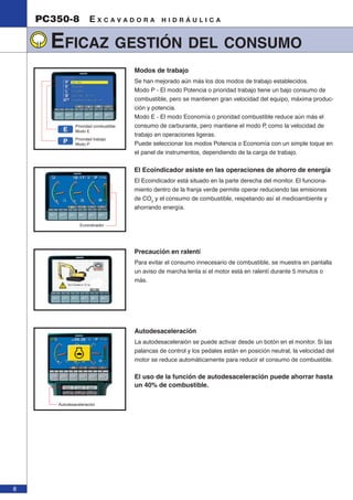 8 
PC350-8 E X C A V A D O R A H I D R Á U L I C A 
EFICAZ GESTIÓN DEL CONSUMO 
Ecoindicador 
E 
P 
Prioridad combustible 
Modo E 
Prioridad trabajo 
Modo P 
Modos de trabajo 
Se han mejorado aún más los dos modos de trabajo establecidos. 
Modo P - El modo Potencia o prioridad trabajo tiene un bajo consumo de 
combustible, pero se mantienen gran velocidad del equipo, máxima produc-ción 
y potencia. 
Modo E - El modo Economía o prioridad combustible reduce aún más el 
consumo de carburante, pero mantiene el modo P, como la velocidad de 
trabajo en operaciones ligeras. 
Puede seleccionar los modos Potencia o Economía con un simple toque en 
el panel de instrumentos, dependiendo de la carga de trabajo. 
El Ecoindicador asiste en las operaciones de ahorro de energía 
El Ecoindicador está situado en la parte derecha del monitor. El funciona-miento 
dentro de la franja verde permite operar reduciendo las emisiones 
de CO2 y el consumo de combustible, respetando así el medioambiente y 
ahorrando energía. 
Precaución en ralentí 
Para evitar el consumo innecesario de combustible, se muestra en pantalla 
un aviso de marcha lenta si el motor está en ralentí durante 5 minutos o 
más. 
Autodesaceleración 
Autodesaceleración 
La autodesaceleraión se puede activar desde un botón en el monitor. Si las 
palancas de control y los pedales están en posición neutral, la velocidad del 
motor se reduce automáticamente para reducir el consumo de combustible. 
El uso de la función de autodesaceleración puede ahorrar hasta 
un 40% de combustible. 
 