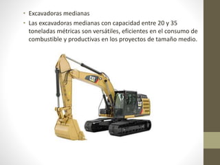 • Excavadoras medianas
• Las excavadoras medianas con capacidad entre 20 y 35
toneladas métricas son versátiles, eficiente...