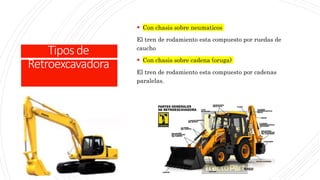 Tiposde
Retroexcavadora
 Con chasis sobre neumaticos
El tren de rodamiento esta compuesto por ruedas de
caucho
 Con chasis sobre cadena (oruga)
El tren de rodamiento esta compuesto por cadenas
paralelas.
 