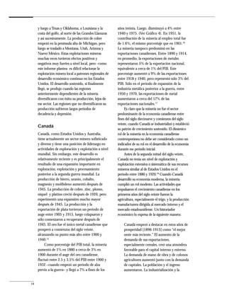 y luego a Texas y Oklahoma, a Louisiana y la        años treinta. Luego, disminuyó a 4% entre
     costa del golfo, al norte de las Grandes Llanuras   1940 y 1975. (Ver Gráfico 4). En 1951, la
     y así sucesivamente. La producción de cobre         contribución de la minería al empleo total fue
     empezó en la península alta de Michigan, pero       de 1.6%, el mismo porcentaje que en 1901.16
     luego se trasladó a Montana, Utah, Arizona y        La minería tampoco predominó en las
     Nuevo México. Estas explotaciones mineras           exportaciones canadienses. Entre 1890 y 1914,
     muchas veces tuvieron efectos positivos y           en promedio, la exportaciones de metales
     negativos muy fuertes a nivel local, pero –como     representaron 5% de la exportación nacional,
     este informe plantea- es difícil relacionar la      equivalente a cerca de 1% del PIB. Este
     explotación minera local a patrones regionales de   porcentaje aumentó a 9% de las exportaciones
     desarrollo económico continuo en los Estados        entre 1918 y 1940, pero representó sólo 3% del
     Unidos. El desarrollo sostenido, si finalmente      PIB. Sólo en el período de expansión de la
     llegó, se produjo cuando las regiones               industria metálica posterior a la guerra, entre
     anteriormente dependientes de la minería            1950 y 1970, las exportaciones de metal
     diversificaron con éxito su producción, lejos de    aumentaron a cerca del 17% de las
     ese sector. Las regiones que no diversificaron su   exportaciones nacionales.17
     producción sufrieron largos períodos de                  Es claro que la minería no fue el sector
     decadencia y depresión.                             predominante de la economía canadiense entre
                                                         fines del siglo diecinueve y comienzos del siglo
                                                         veinte, cuando Canadá se industrializó y estableció
     Canadá
                                                         su patrón de crecimiento sostenido. El dinámico
     Canadá, como Estados Unidos y Australia,            rol de la minería en la economía canadiense
     tiene actualmente un sector minero sofisticado      contemporánea no debe ser considerado como un
     y diverso y tiene una posición de liderazgo en      indicador de su rol en el desarrollo de la economía
     actividades de exploración y explotación a nivel    durante ese período inicial.
     mundial. Sin embargo, este desarrollo es                 Antes de la segunda mitad del siglo veinte,
     relativamente reciente y es principalmente el       Canadá no tenía un nivel de exploración y
     resultado de una expansión importante en            explotación extensiva o sistemática de sus recursos
     exploración, explotación y procesamiento            mineros similar al de Estados Unidos en el
     posterior a la segunda guerra mundial. La           período entre 1880 y 1920.18 Cuando Canadá
     producción de hierro, uranio, cobalto,              desarrolló su economía moderna, la minería
     magnesio y molibdeno aumentó después de             cumplió un rol modesto. Las actividades que
     1945. La producción de cobre, zinc, plomo,          impulsaron el crecimiento canadiense en los
     níquel y platino creció después de 1920, pero       primeros años del siglo veinte fueron la
     experimentó una expansión mucho mayor               agricultura, especialmente el trigo, y la producción
     después de 1945. La producción y la                 manufacturera dirigida al mercado interno y el
     exportación de plata tuvieron un período de         mercado estadounidense. Un historiador
     auge entre 1905 y 1915, luego colapsaron y          económico lo expresa de la siguiente manera:
     sólo comenzaron a recuperarse después de
     1945. El oro fue el único metal canadiense que          Canadá empezó a destacar en estos años de
     prosperó a comienzos del siglo veinte,                  prosperidad [1896-1913] como “el mejor
     alcanzando su punto más alto entre 1900 y               oeste más reciente.” El aumento de la
     1940.15                                                 demanda de sus exportaciones,
          Como porcentaje del PIB total, la minería          especialmente cereales, creó una atmósfera
     aumentó de 1% en 1880 a cerca de 3% en                  favorable para el capital interno y externo.
     1900 durante el auge del oro canadiense,                La demanda de mano de obra y de colonos
     fluctuó entre 2.5 y 3.5% del PIB entre 1900 y           agricultores aumentó junto con la demanda
     1932 –cuando empezó un período de alza                  de capitales. La población y el ingreso
     previo a la guerra– y llegó a 7% a fines de los         aumentaron. La industrialización y la


14
 
