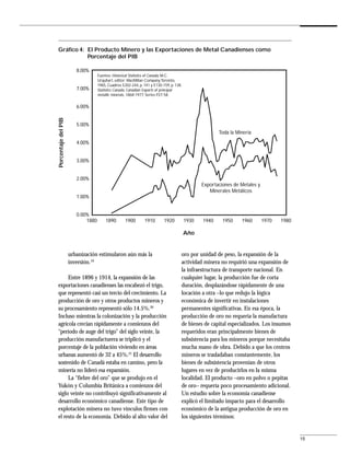 Gráfico 4: El Producto Minero y las Exportaciones de Metal Canadienses como
           Porcentaje del PIB

                        8.00%
                                   Fuentes: Historical Statistics of Canada, M.C.
                                   Urquhart, editor; MacMillan Company, Toronto,
                                   1965, Cuadros E202-244, p. 141 y E130-159, p. 138.
                        7.00%      Statistics Canada, Canadian Exports of principal
                                   metallic minerals, 1868-1977, Series P27-58.


                        6.00%
Porcentaje del PIB




                        5.00%
                                                                                                      Toda la Minería
                        4.00%


                        3.00%


                        2.00%
                                                                                               Exportaciones de Metales y
                                                                                                  Minerales Metálicos
                        1.00%


                        0.00%
                            1880       1890        1900       1910        1920          1930   1940     1950    1960        1970   1980

                                                                                        Año


                     urbanización estimularon aún más la                            oro por unidad de peso, la expansión de la
                     inversión.19                                                   actividad minera no requirió una expansión de
                                                                                    la infraestructura de transporte nacional. En
     Entre 1896 y 1914, la expansión de las                                         cualquier lugar, la producción fue de corta
exportaciones canadienses las encabezó el trigo,                                    duración, desplazándose rápidamente de una
que representó casi un tercio del crecimiento. La                                   locación a otra –lo que redujo la lógica
producción de oro y otros productos mineros y                                       económica de invertir en instalaciones
su procesamiento representó sólo 14.5%.20                                           permanentes significativas. En esa época, la
Incluso mientras la colonización y la producción                                    producción de oro no requería la manufactura
agrícola crecían rápidamente a comienzos del                                        de bienes de capital especializados. Los insumos
“período de auge del trigo” del siglo veinte, la                                    requeridos eran principalmente bienes de
producción manufacturera se triplicó y el                                           subsistencia para los mineros porque necesitaba
porcentaje de la población viviendo en áreas                                        mucha mano de obra. Debido a que los centros
urbanas aumentó de 32 a 45%.21 El desarrollo                                        mineros se trasladaban constantemente, los
sostenido de Canadá estaba en camino, pero la                                       bienes de subsistencia provenían de otros
minería no lideró esa expansión.                                                    lugares en vez de producirlos en la misma
     La “fiebre del oro” que se produjo en el                                       localidad. El producto –oro en polvo o pepitas
Yukón y Columbia Británica a comienzos del                                          de oro– requería poco procesamiento adicional.
siglo veinte no contribuyó significativamente al                                    Un estudio sobre la economía canadiense
desarrollo económico canadiense. Este tipo de                                       explicó el limitado impacto para el desarrollo
explotación minera no tuvo vínculos firmes con                                      económico de la antigua producción de oro en
el resto de la economía. Debido al alto valor del                                   los siguientes términos:


                                                                                                                                          15
 