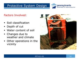 Protective System Design
Factors Involved:
 Soil classification
 Depth of cut
 Water content of soil
 Changes due to
weather and climate
 Other operations in the
vicinity
14
PPT-011-01
 
