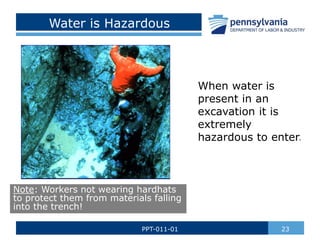 Water is Hazardous
When water is
present in an
excavation it is
extremely
hazardous to enter.
23
PPT-011-01
Note: Workers not wearing hardhats
to protect them from materials falling
into the trench!
 