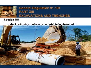 General Regulation 91-191
PART XIII
EXCAVATIONS AND TRENCHES
Section 187
…shall not…stay under any material being lowered…
 