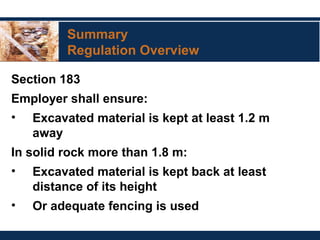 Summary
Regulation Overview
Section 183
Employer shall ensure:
• Excavated material is kept at least 1.2 m
away
In solid rock more than 1.8 m:
• Excavated material is kept back at least
distance of its height
• Or adequate fencing is used
 