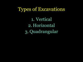 Types of Excavations
1. Vertical
2. Horizontal
3. Quadrangular
 