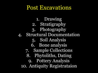 Post Excavations
1. Drawing
2. Stratigraphy
3. Photography
4. Structural Documentation
5. Soil Analysis
6. Bone analysis
7. Sample Collections
8. Phytoliths, Dating
9. Pottery Analysis
10. Antiquity Registrataion
 