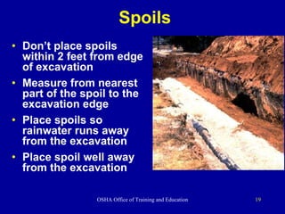 Spoils Don’t place   spoils within 2 feet from edge of excavation Measure from nearest part of the spoil to the excavation edge  Place spoils so rainwater runs away from the excavation Place spoil well away from the excavation 