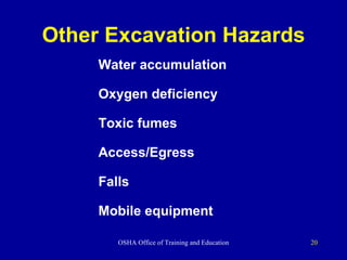 Other Excavation Hazards Water accumulation Oxygen deficiency Toxic fumes Access/Egress Falls Mobile equipment 
