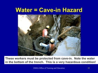Water = Cave-in Hazard These workers must be protected from cave-in.  Note the water in the bottom of the trench.  This is a very hazardous condition! 