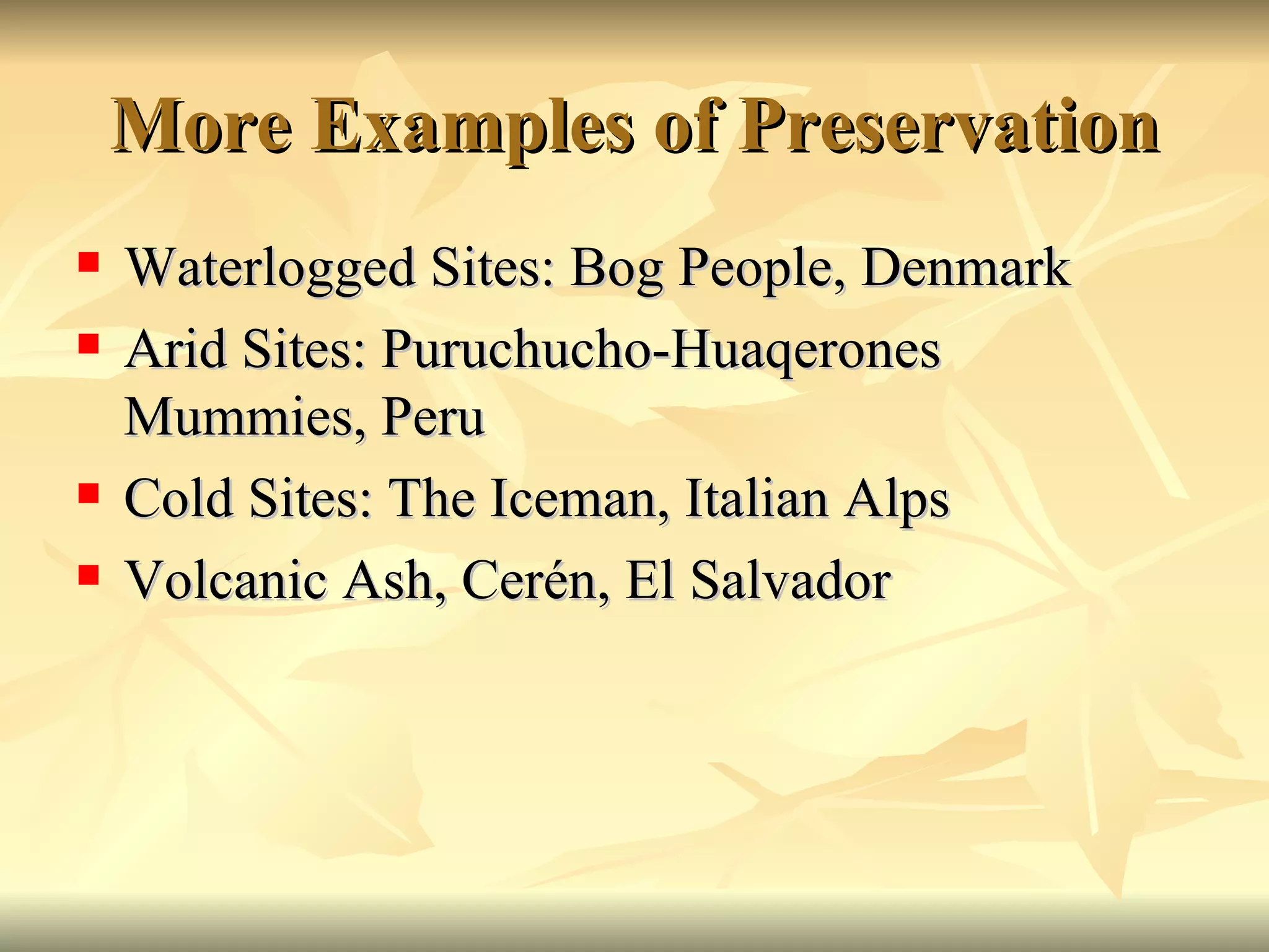More Examples of Preservation Waterlogged Sites: Bog People, Denmark Arid Sites: Puruchucho-Huaqerones Mummies, Peru Cold Sites: The Iceman, Italian Alps Volcanic Ash, Cerén, El Salvador 